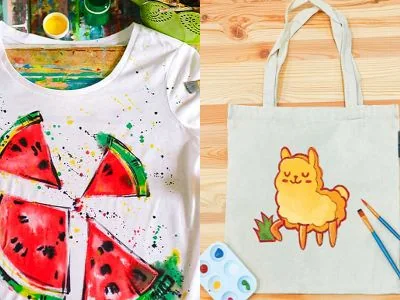 Painted tote bags and t-shirts